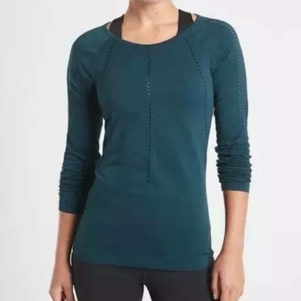 Athleta Foothills Seamless Perforated Long Sleeve In Teal Blue Top Large - Picture 2 of 4